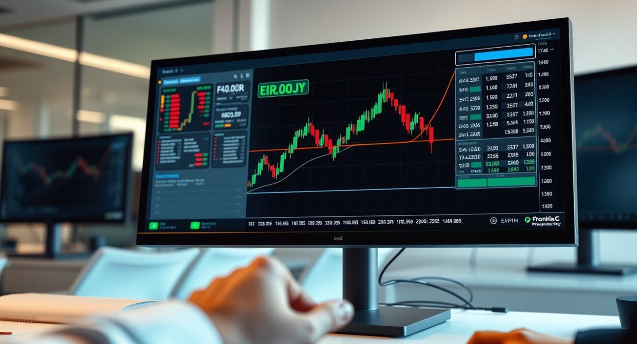 EUR/JPY forex chart analysis showing upward trend on a professional trading desk.