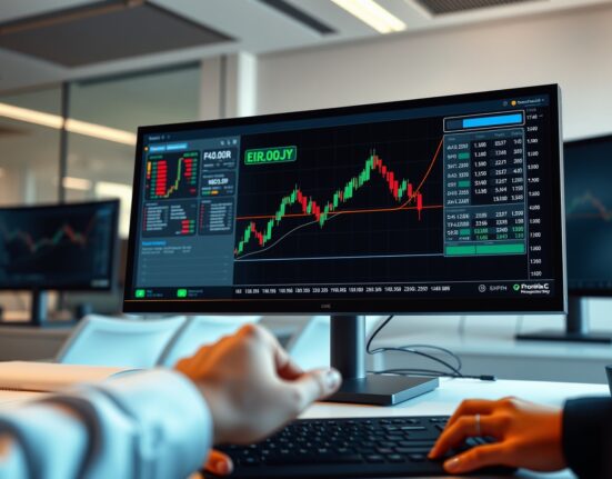 EUR/JPY forex chart analysis showing upward trend on a professional trading desk.