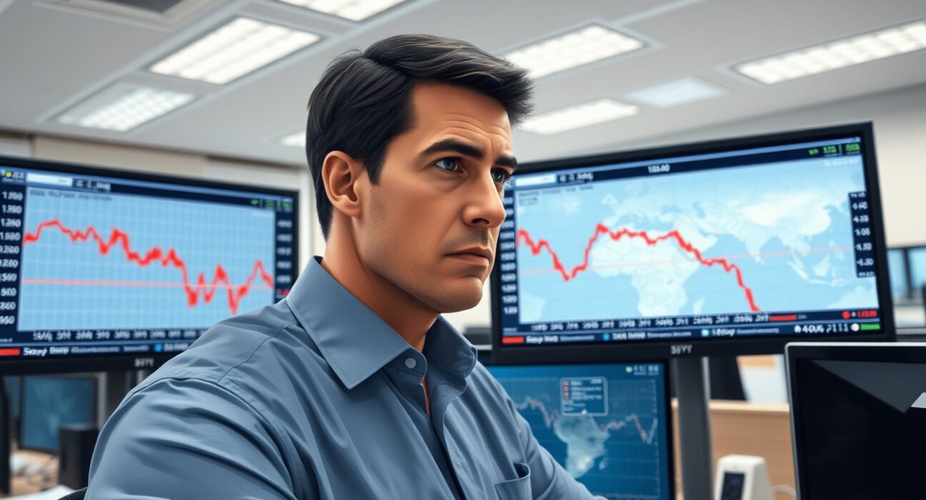 Trader analyzing EUR/JPY decline amid Middle East conflict escalation impacting currency markets.