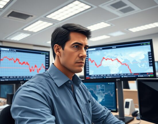 Trader analyzing EUR/JPY decline amid Middle East conflict escalation impacting currency markets.