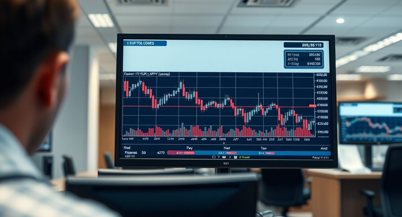 EUR/JPY forex chart showing a decline on a professional trading desk monitor.