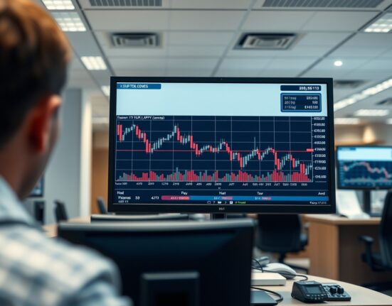 EUR/JPY forex chart showing a decline on a professional trading desk monitor.