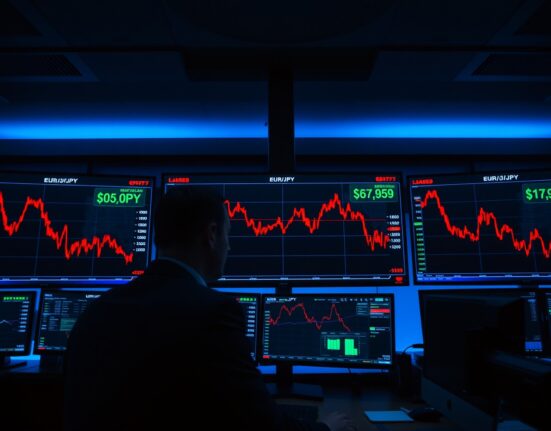 EUR/JPY chart showing decline on trading desk monitors with trader in background