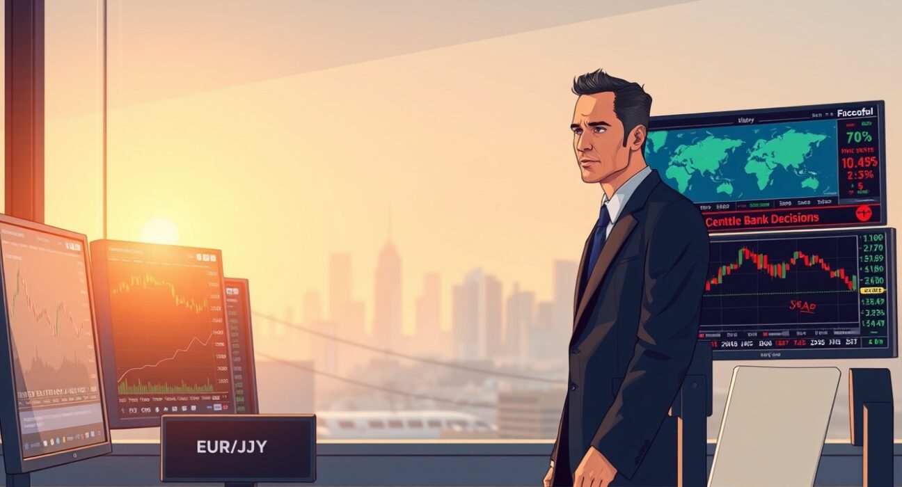 EUR/JPY edges higher as traders monitor BoJ and ECB decisions amid Middle East tensions, with forex charts on display.