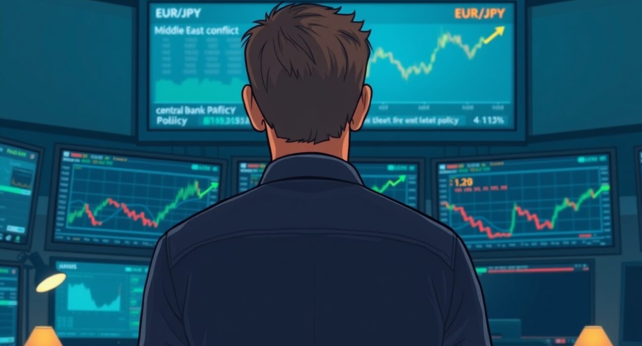 EUR/JPY chart with upward trend on a trading screen, reflecting market caution amid Middle East war and policy uncertainty.