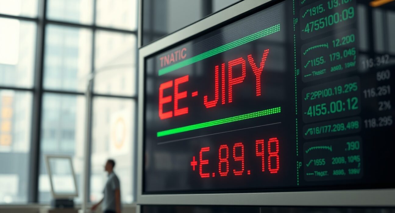 Digital trading screen displaying EUR/JPY exchange rate on a financial news desk