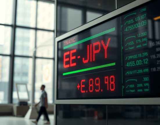 Digital trading screen displaying EUR/JPY exchange rate on a financial news desk