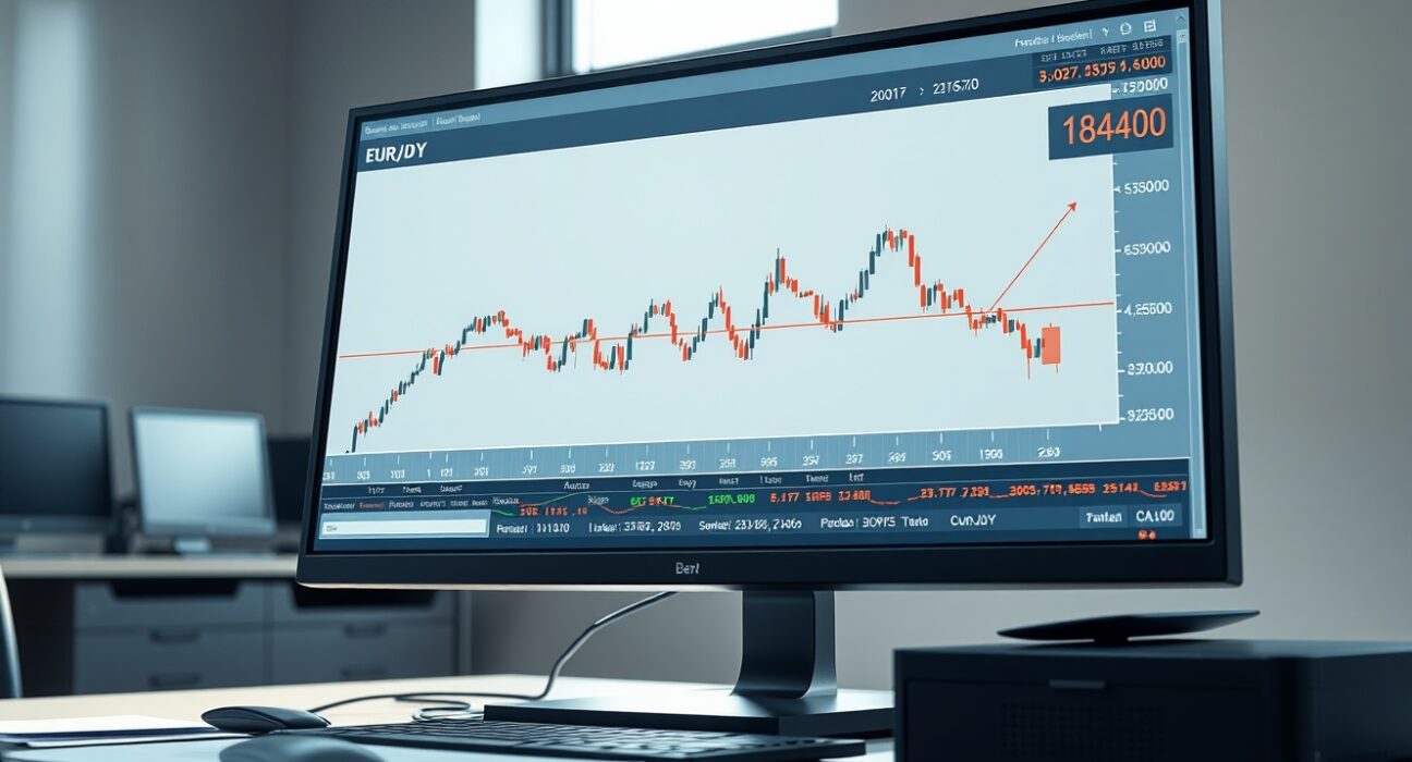 EUR/JPY currency pair chart analysis on a trading desk monitor showing price stability.