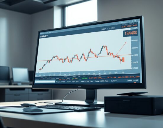 EUR/JPY currency pair chart analysis on a trading desk monitor showing price stability.