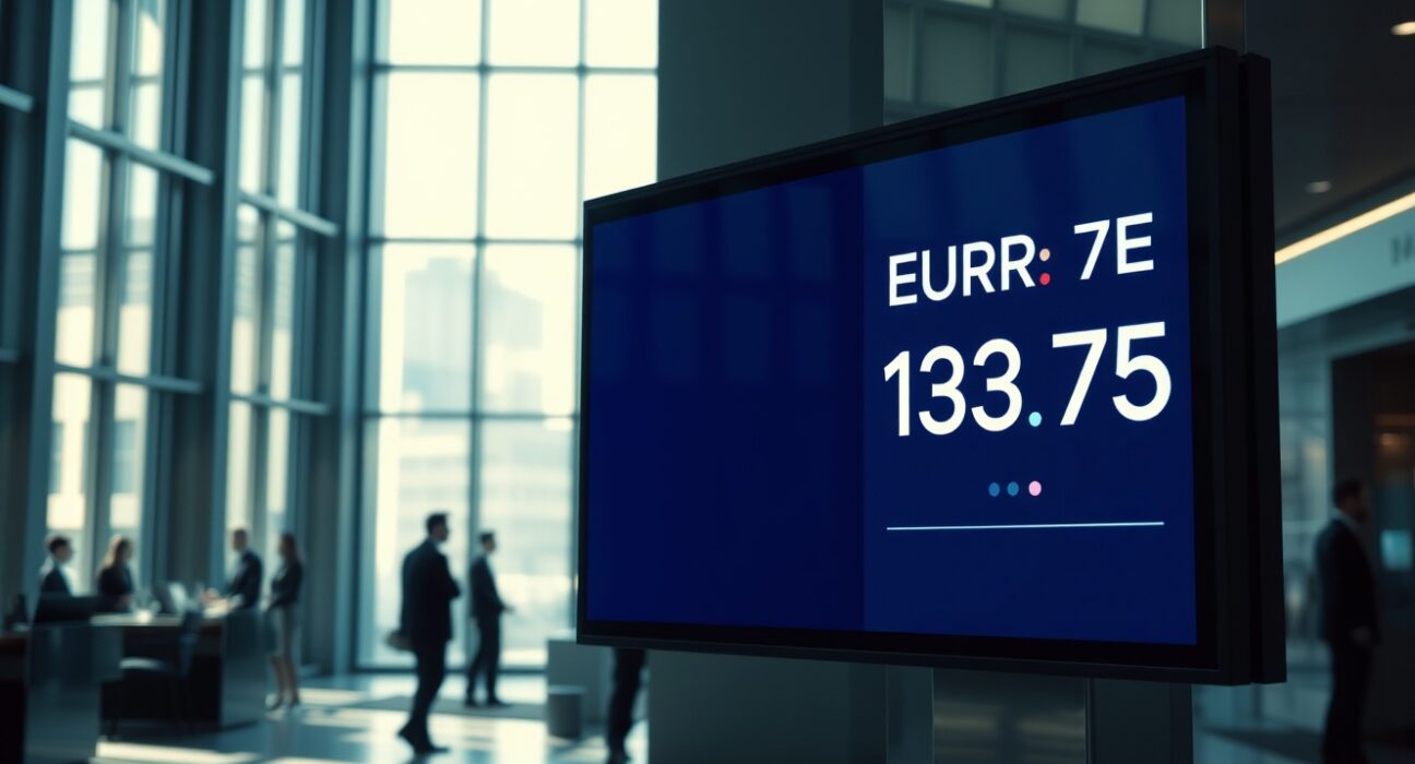 Currency exchange board showing EUR/JPY rate at 183.75 in a modern financial setting