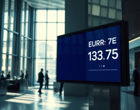 Currency exchange board showing EUR/JPY rate at 183.75 in a modern financial setting
