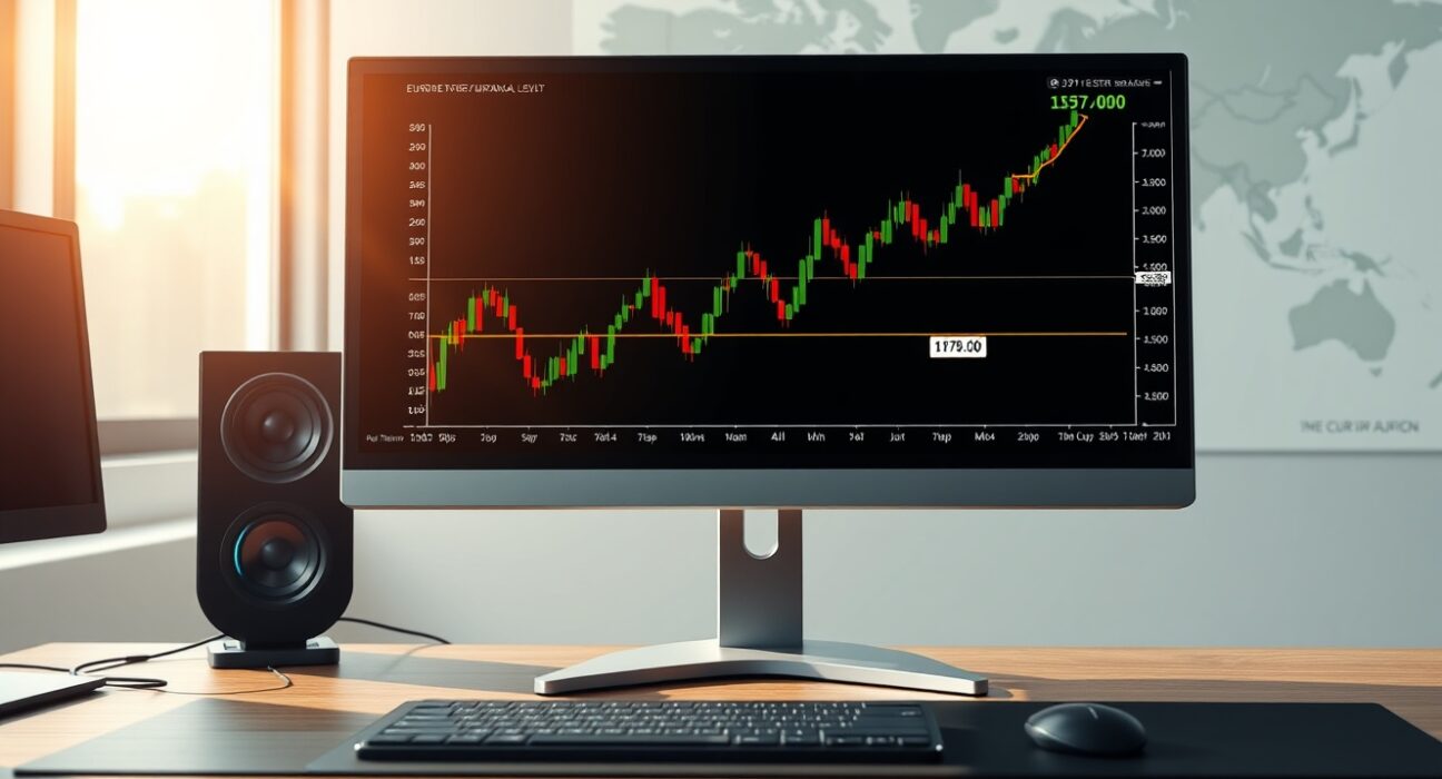 EUR/JPY forex chart testing the 187.00 resistance level on a professional trading desk monitor.