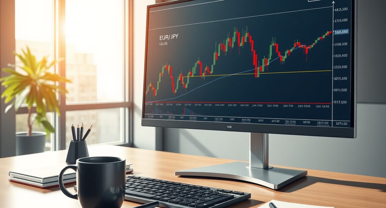 Professional trading desk showing EUR/JPY price chart analysis with key 187.50 level and 100-day EMA.