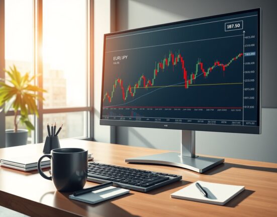 Professional trading desk showing EUR/JPY price chart analysis with key 187.50 level and 100-day EMA.