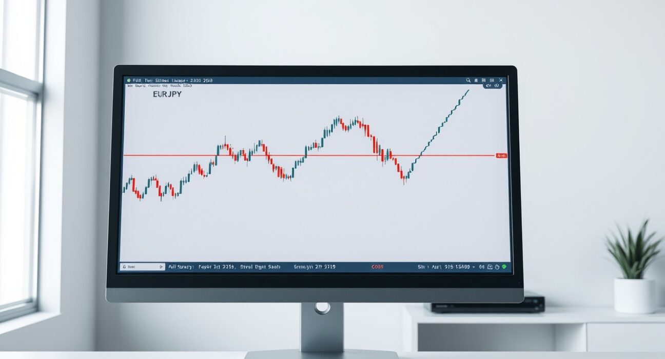 EUR/JPY technical analysis chart showing price approaching an ascending channel boundary on a trading desk monitor.
