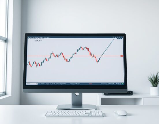 EUR/JPY technical analysis chart showing price approaching an ascending channel boundary on a trading desk monitor.
