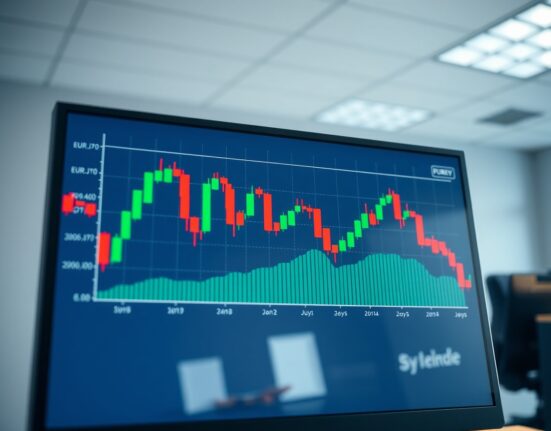 EUR/JPY candlestick chart showing flat sideways movement in a trading office