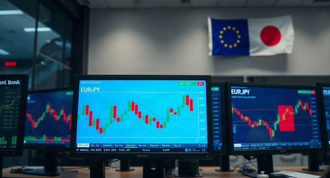 EUR/JPY price chart on a trading monitor with support level highlighted
