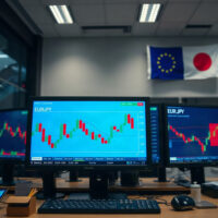 EUR/JPY price chart on a trading monitor with support level highlighted