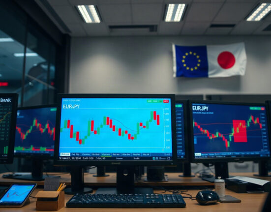 EUR/JPY price chart on a trading monitor with support level highlighted