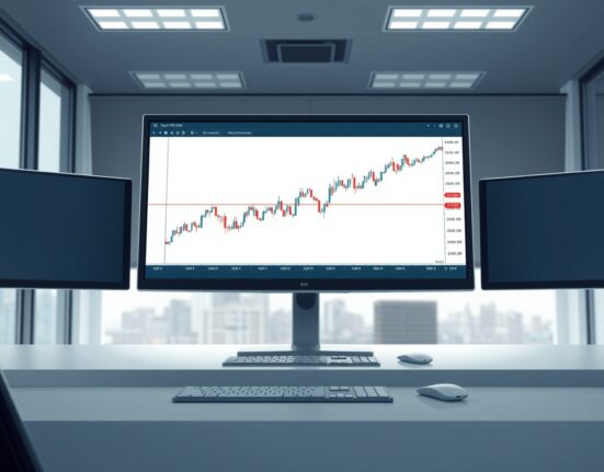 EUR/JPY forecast chart analysis showing price rebound within an ascending channel on a professional trading desk.