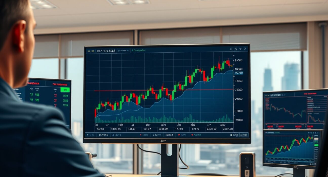 EUR/JPY forecast analysis showing the currency pair's chart at record highs near 187.50 on a professional trading desk.