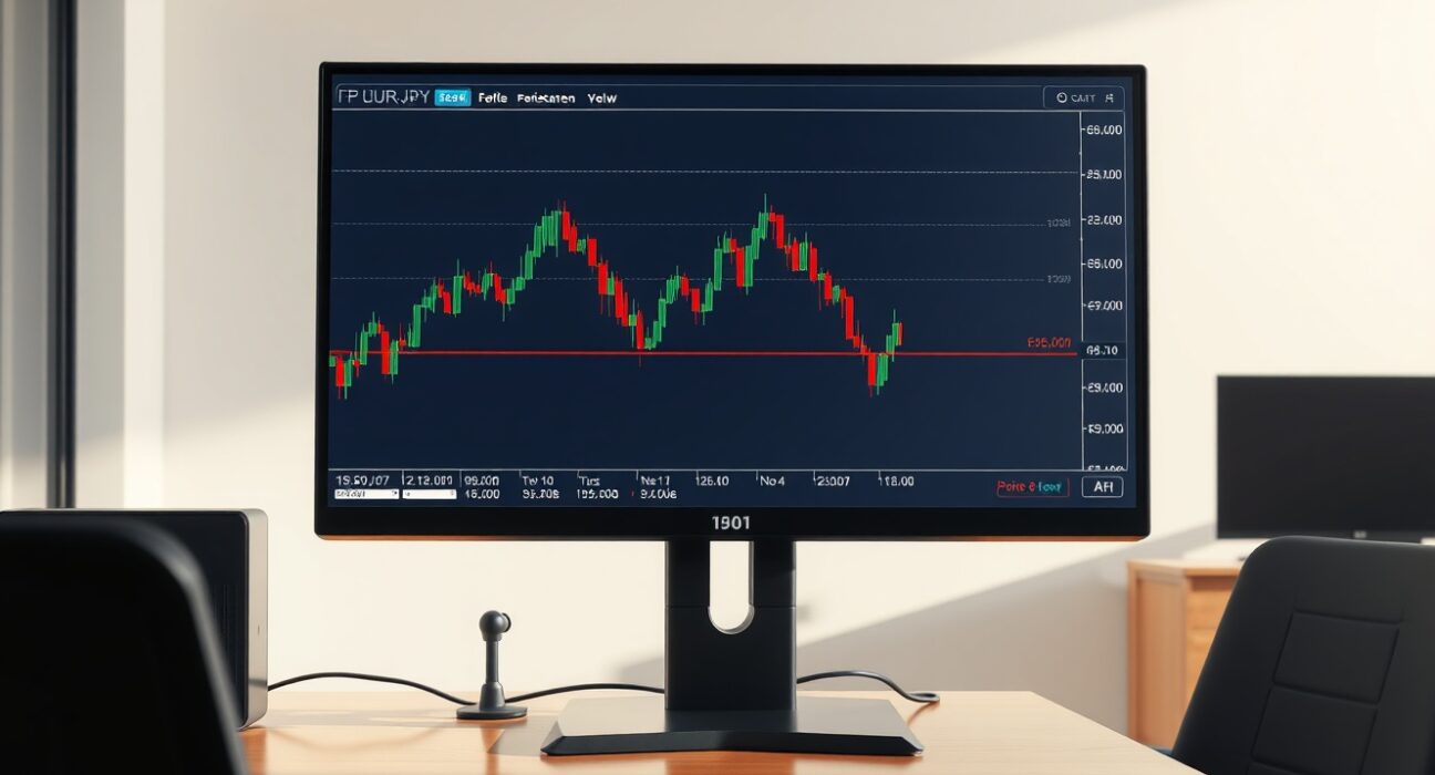 EUR/JPY forecast analysis showing a triangle pattern on a trading desk chart, targeting the 185.00 resistance level.