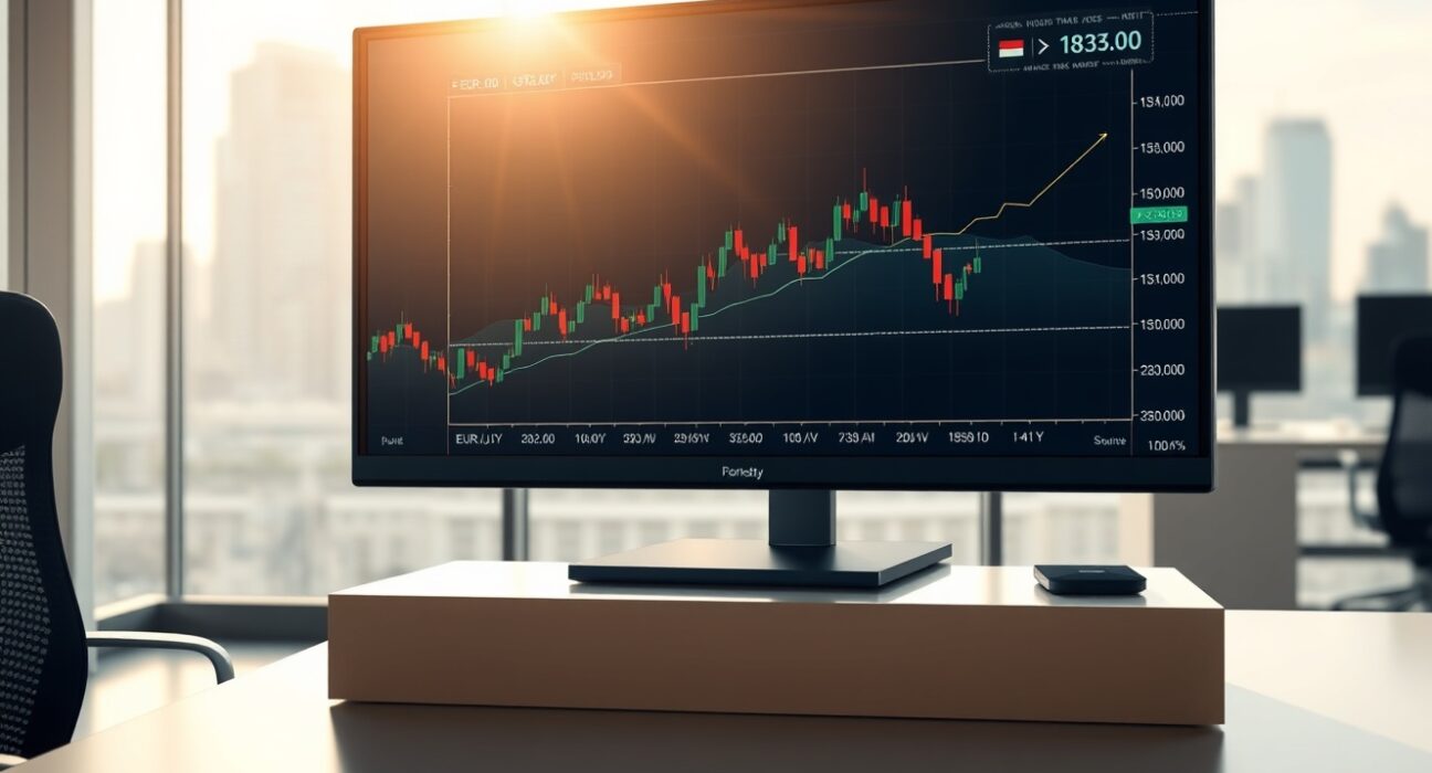 Professional trading desk monitor displaying the EUR/JPY forex chart holding above the 183.00 level after the Bank of Japan decision.