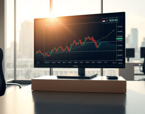 Professional trading desk monitor displaying the EUR/JPY forex chart holding above the 183.00 level after the Bank of Japan decision.