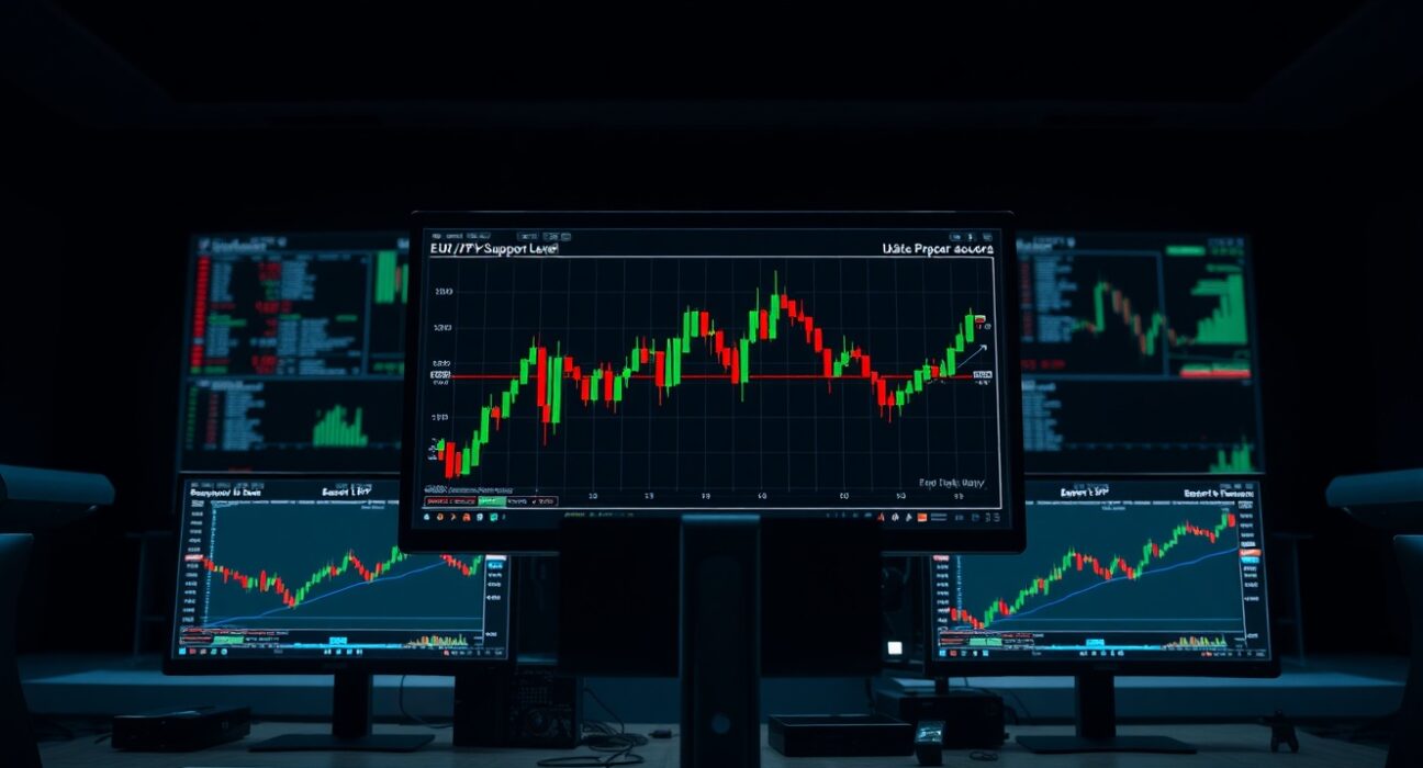 Forex trading monitor showing EUR/JPY chart with price hovering above 183.75 support level under bearish pressure