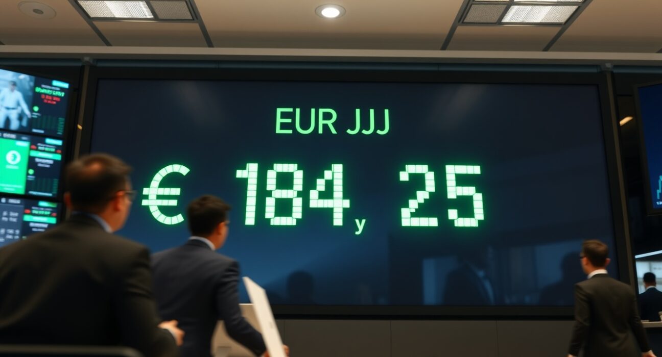 Forex trading board showing EUR/JPY exchange rate at 184.25 in a financial office