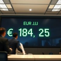 Forex trading board showing EUR/JPY exchange rate at 184.25 in a financial office