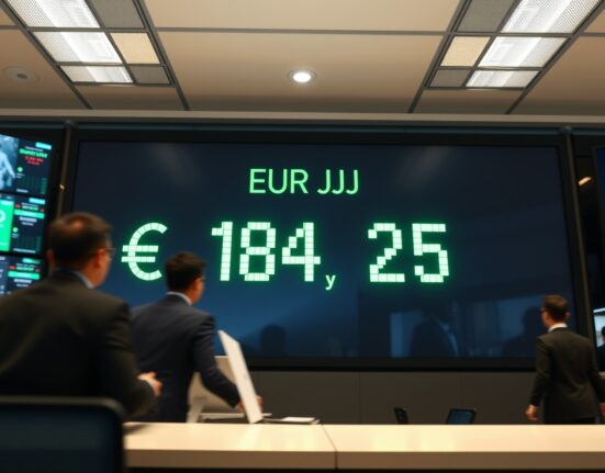 Forex trading board showing EUR/JPY exchange rate at 184.25 in a financial office