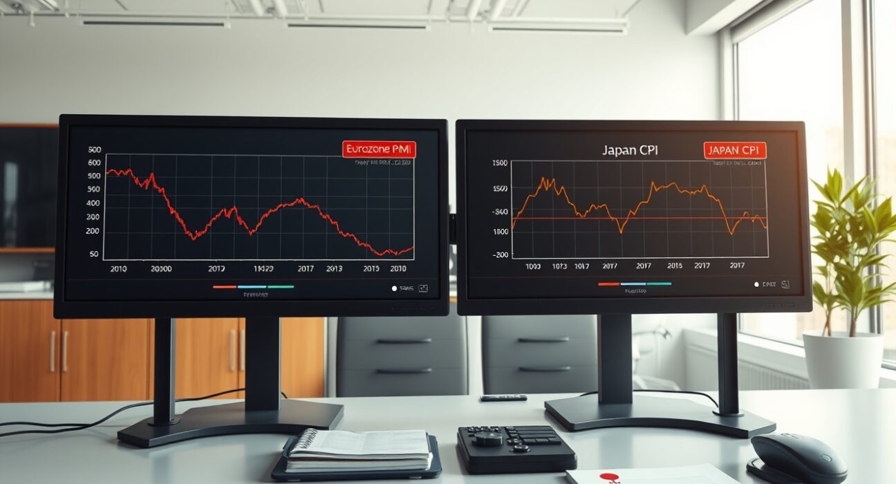 EUR/JPY currency analysis showing Eurozone PMI weakness and Japanese inflation data on trading monitors