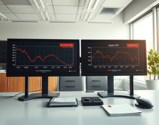 EUR/JPY currency analysis showing Eurozone PMI weakness and Japanese inflation data on trading monitors