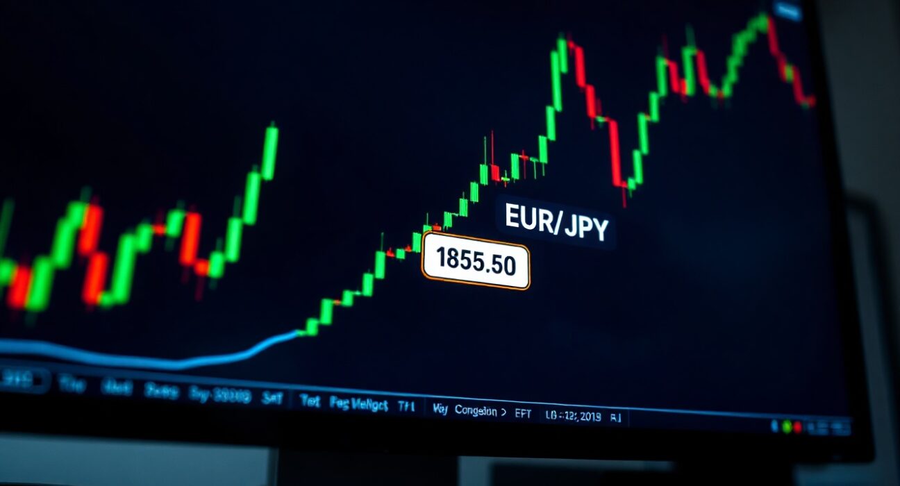 EUR/JPY candlestick chart showing price near 185.50 with bullish trend on trading screen