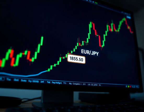 EUR/JPY candlestick chart showing price near 185.50 with bullish trend on trading screen