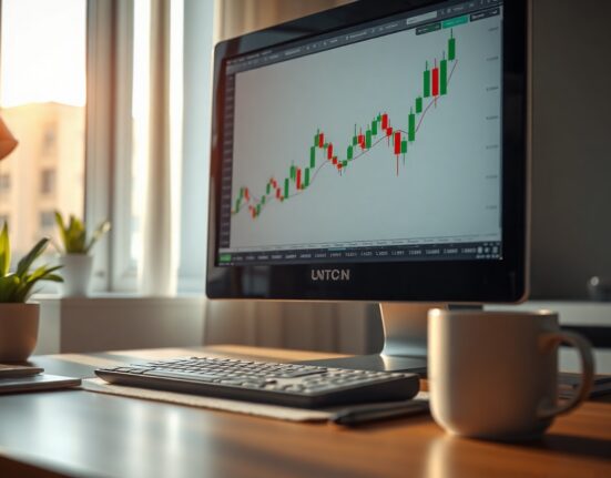 EUR/JPY candlestick chart on a trading monitor showing support near the 50-day EMA