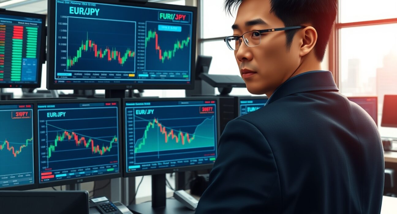 Professional forex trader analyzing EUR/JPY currency charts in Tokyo trading environment