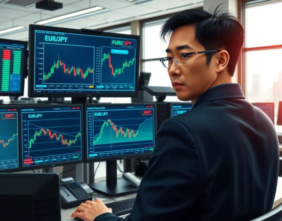 Professional forex trader analyzing EUR/JPY currency charts in Tokyo trading environment