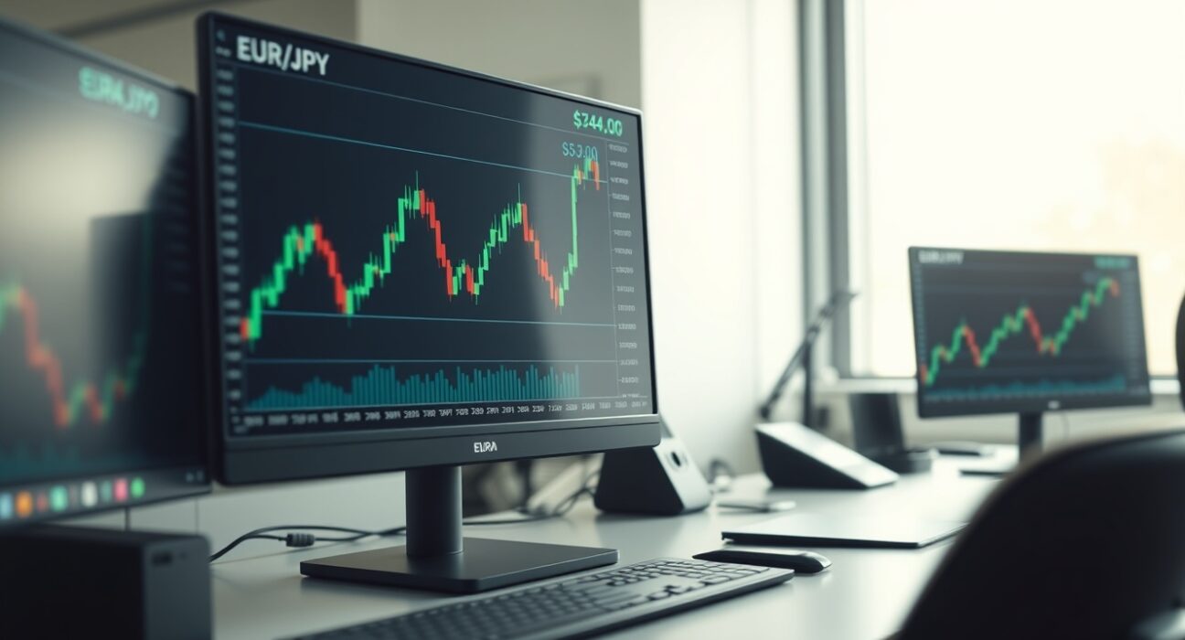 EUR/JPY trading chart analysis showing bullish momentum above 184.00 level on professional trading desk monitors