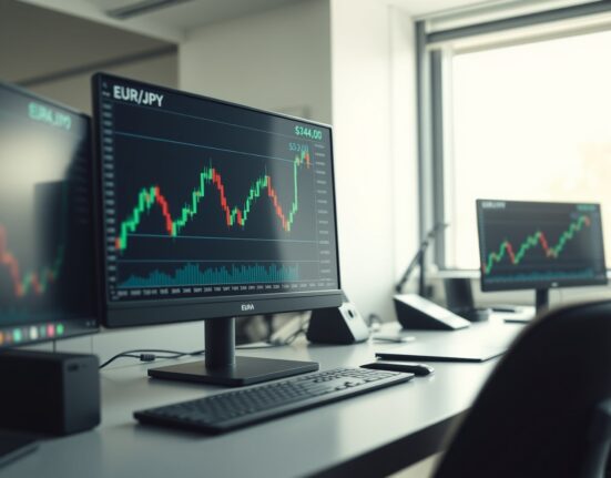 EUR/JPY trading chart analysis showing bullish momentum above 184.00 level on professional trading desk monitors