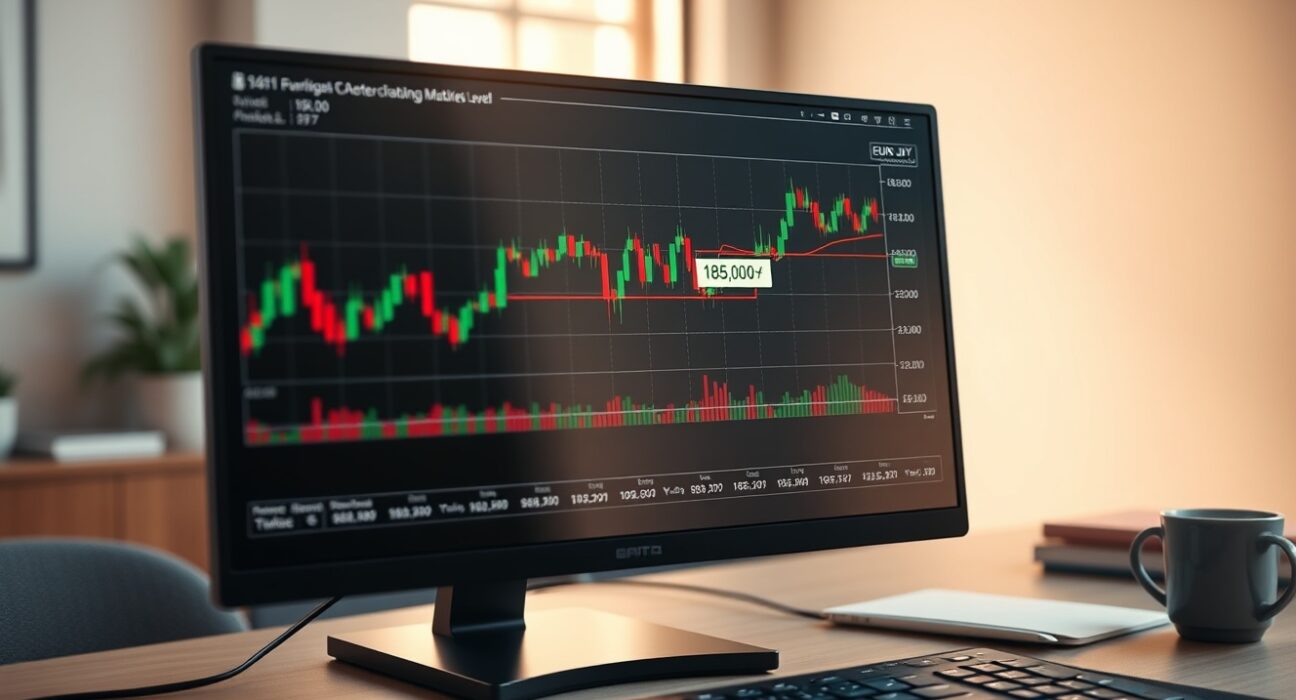 EUR/JPY candlestick chart approaching the 185.00 level on a trading monitor