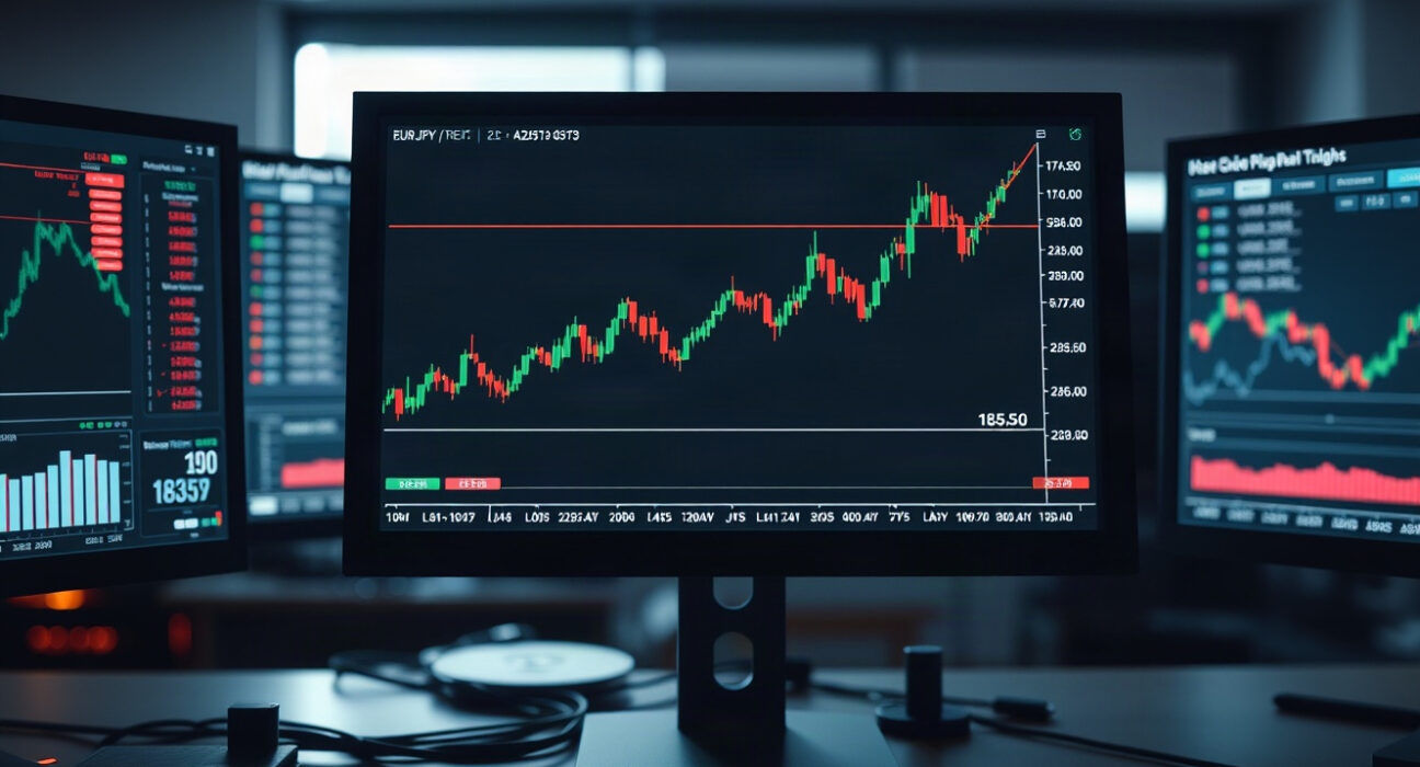EUR/JPY trading chart showing price action above the 185.50 level on a professional trading monitor.