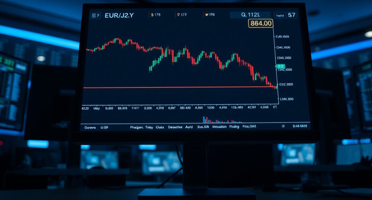 EUR/JPY bearish candlestick chart on a trading monitor near 184.00 level