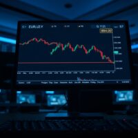 EUR/JPY bearish candlestick chart on a trading monitor near 184.00 level