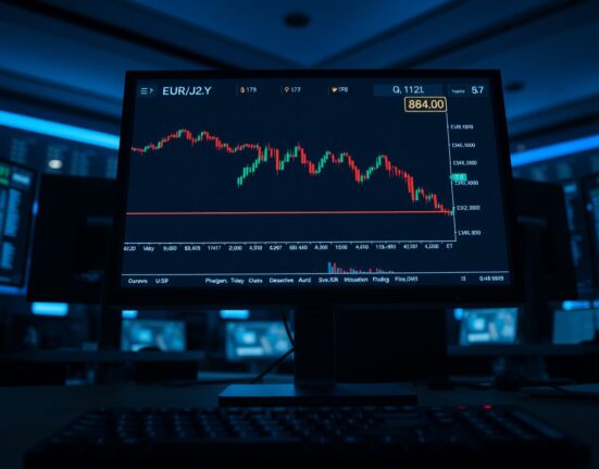 EUR/JPY bearish candlestick chart on a trading monitor near 184.00 level