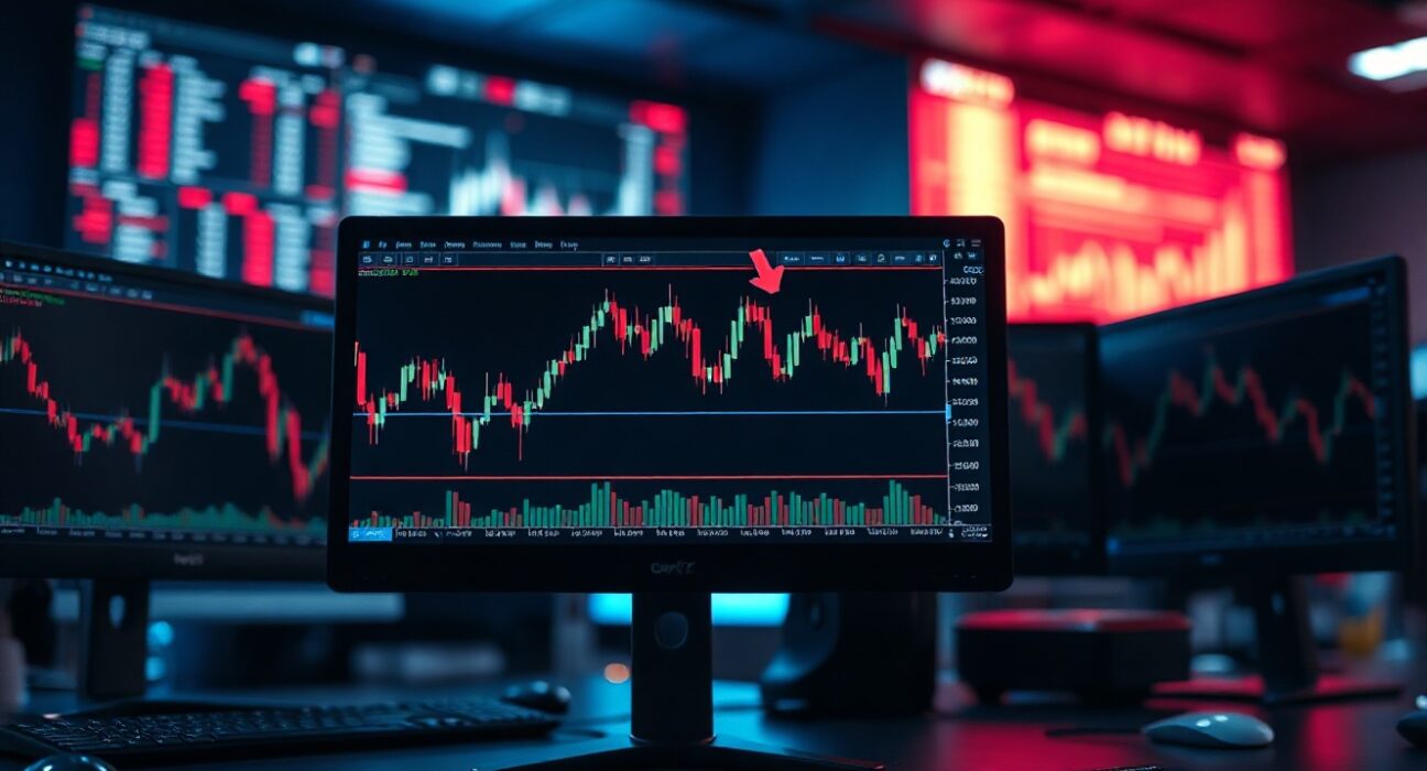 Forex trading monitor showing EUR/JPY chart with bearish trend below 100-day moving average
