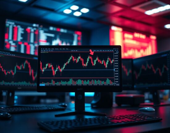 Forex trading monitor showing EUR/JPY chart with bearish trend below 100-day moving average