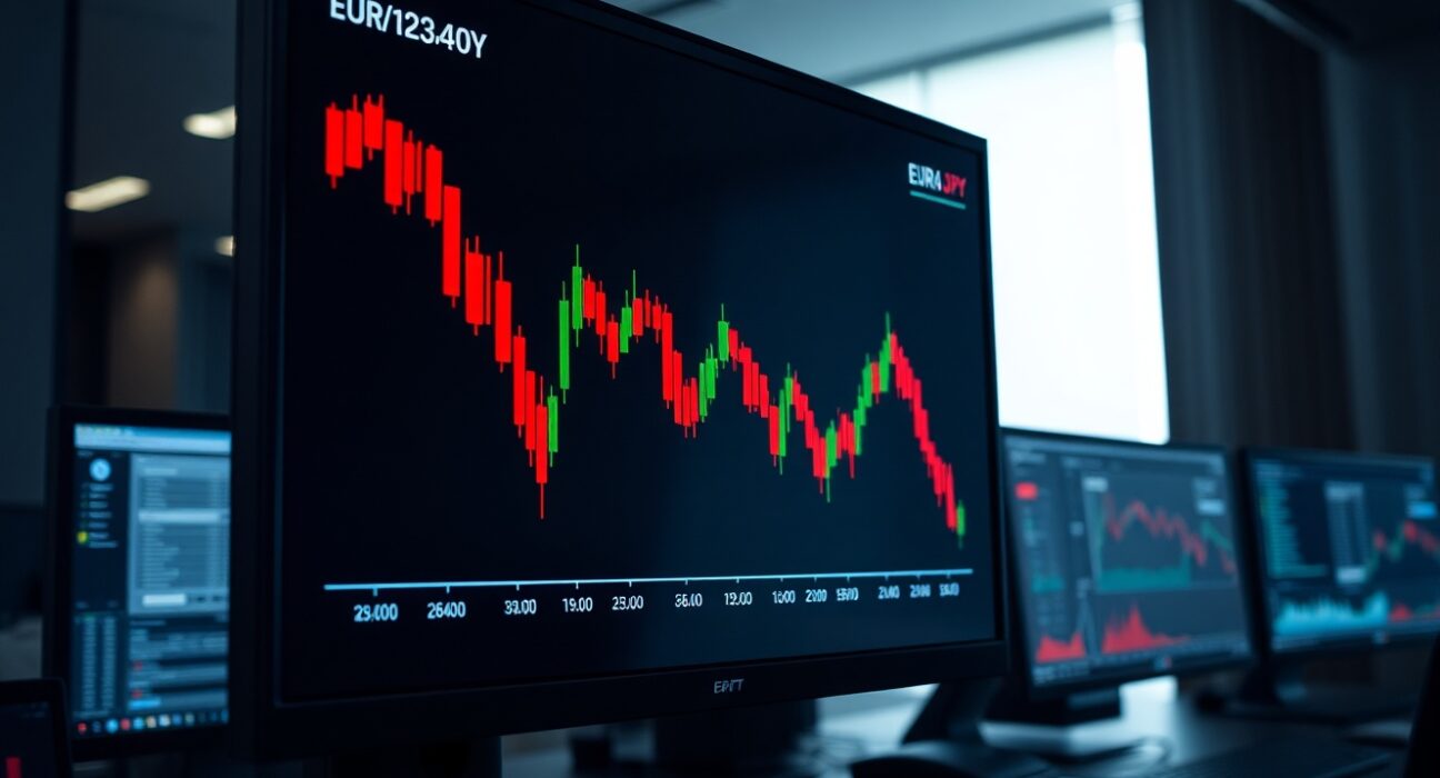 EUR/JPY candlestick chart showing bearish trend below 184.00 on trading screen